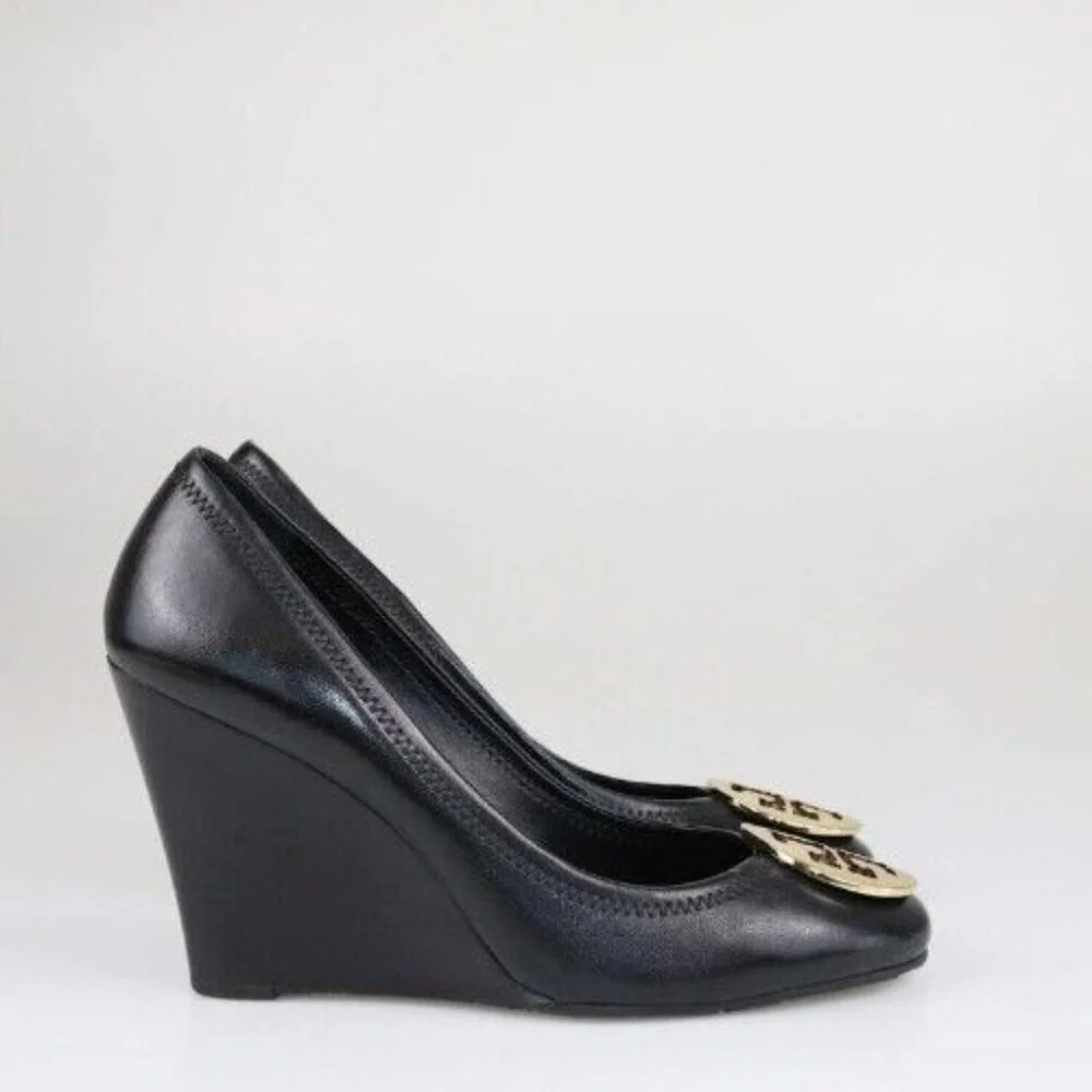 Tory Burch Black Leather Wedge Pumps with Gold Logo